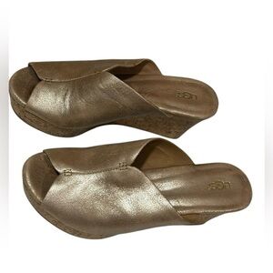 UGG Dominique Slides Sandals 9 Wedge Suede Cork Peep-Toe Platform Gold Size 6.5